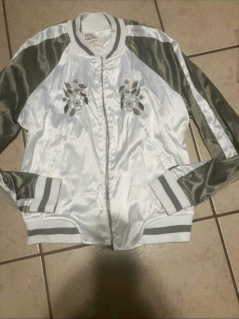 Embroidered Satin Bomber Jacket in White and Olive